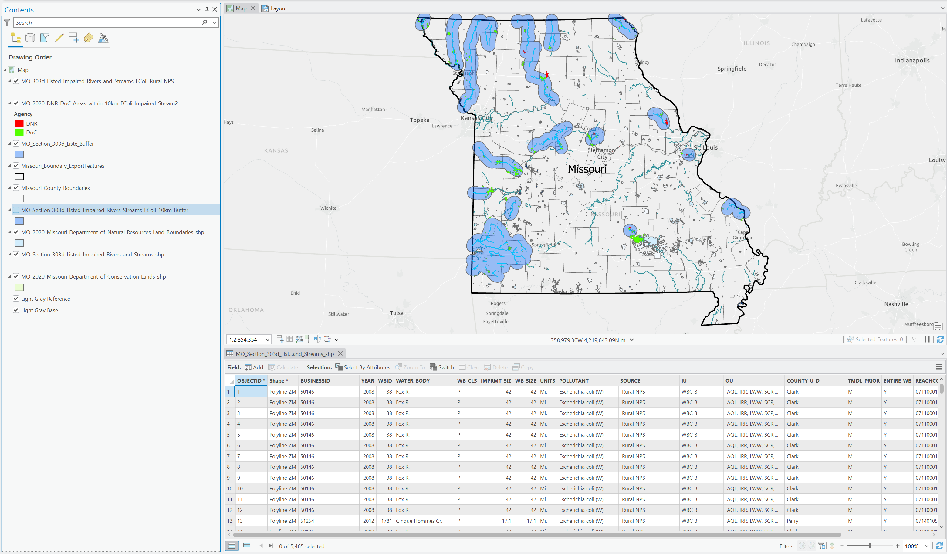 Map of Missouri showing DNR/DoC areas within 10 km of E. coli–impaired streams